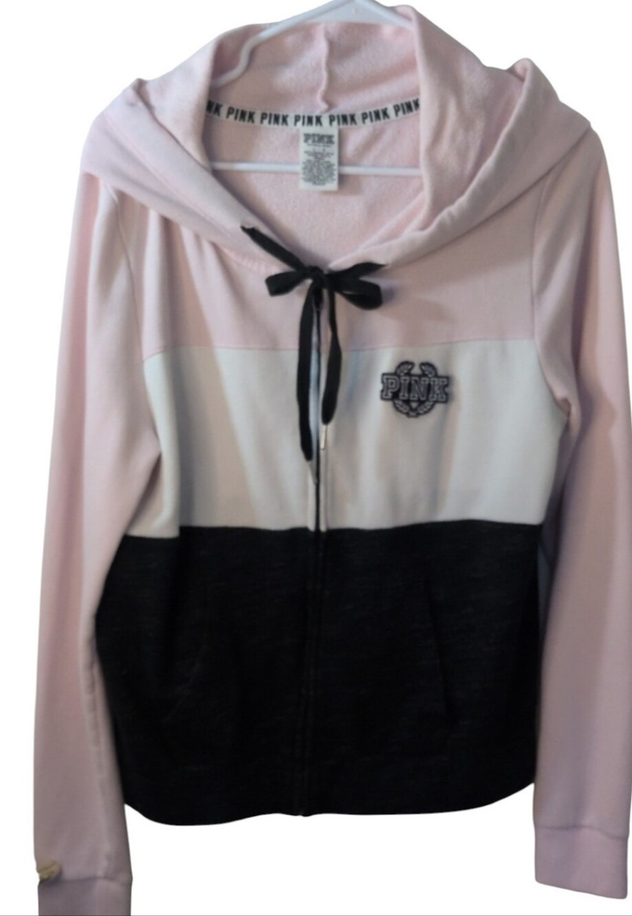 PINK Victoria's Secret Pink Colorblock Zip Hoodie in Pink, White & Black